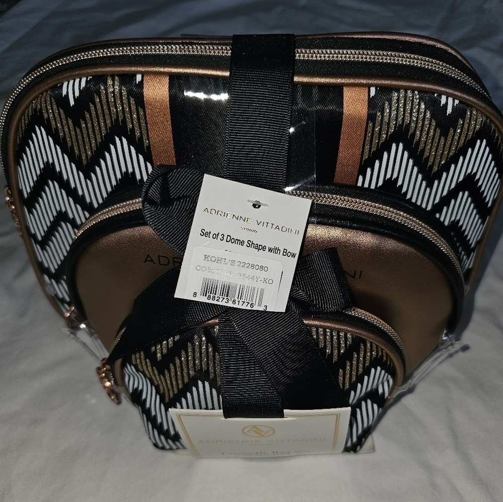 NWT Adrienne Vittadini 3Pc Cosmetic Bag Set Bronze Striped